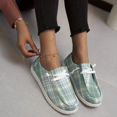 Light Green Plaid Pattern Canvas Shoes Lightweight Lace Up Outdoor Sneakers
