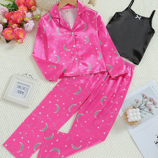 3pc Moon Pattern Satin Pajamas Set Comfy Lounge Wear