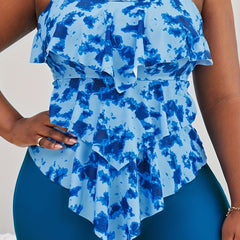Vacay Tankini Set Tie Dye Ruffle Trim Cami Top & Shorts Swimsuit