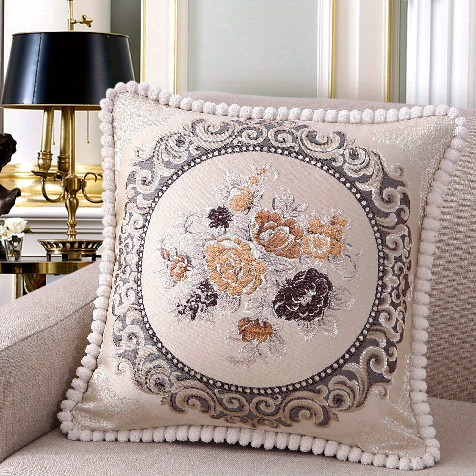 Chenille Embroidered Rose Floral Sofa Pillow Cover 19x19 Inches
