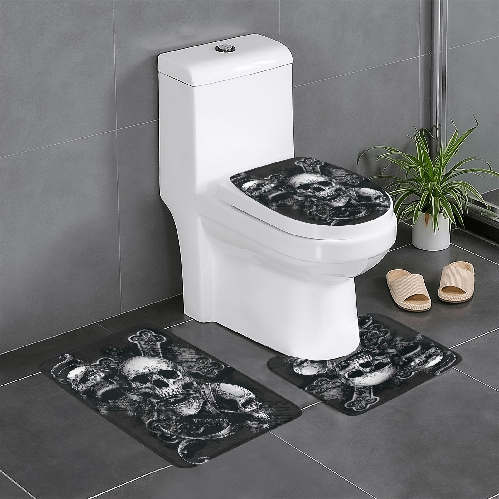 Skull Of The Dead Gothic Pattern Shower Curtain Toilet Seat Bathroom Mat Set