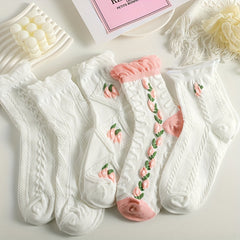 5 Pairs Floral Embroidered Mid Crew Socks Multicolor Women's Socks