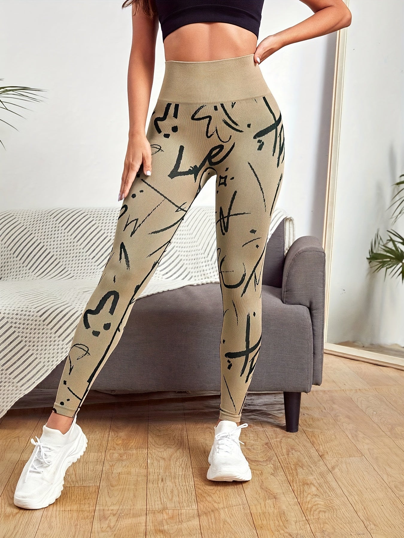 Abstract Letter Print Leggings High Waist Yoga Tight Pants