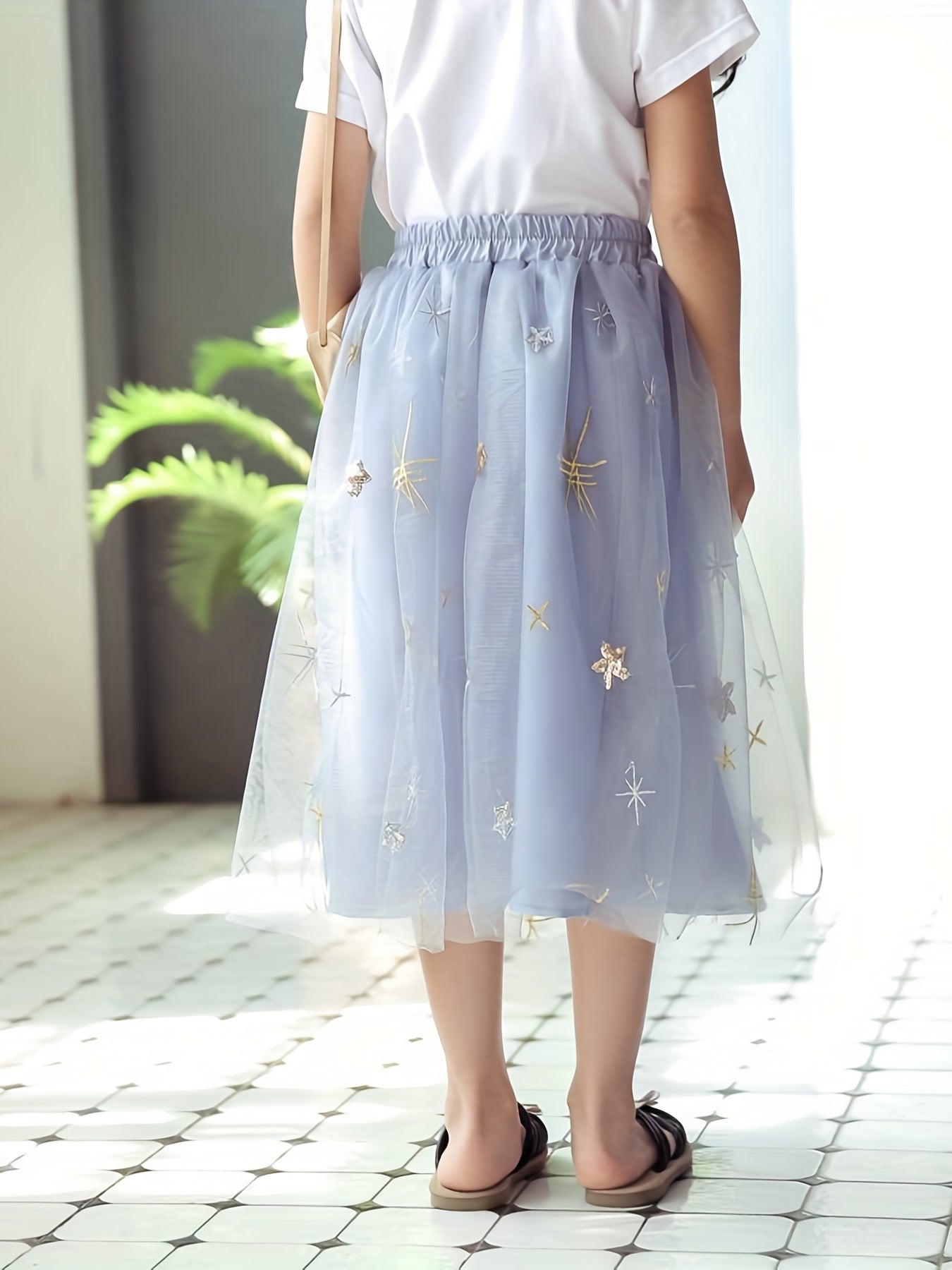 Girls Star Decor Tulle Skirt High Waist Mesh Layered Maxi Skirt