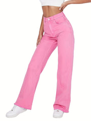 Pink High Waist Straight Jeans Loose Fit High Rise Non Stretch Denim Pants