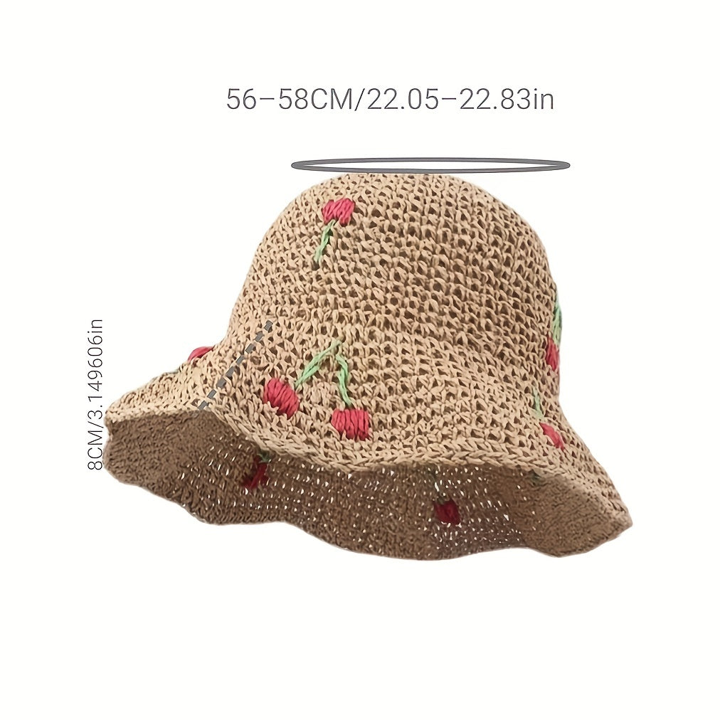 Ruffles Brim Vintage Sun Hat Cherry Crochet Straw Hat UV Protection