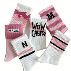 7 Pairs Letter Print Striped Socks, Women's Stockings