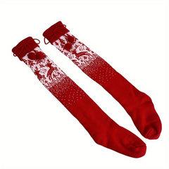 Christmas Elk Thigh High Socks - Pompom Decor - Women's Stockings