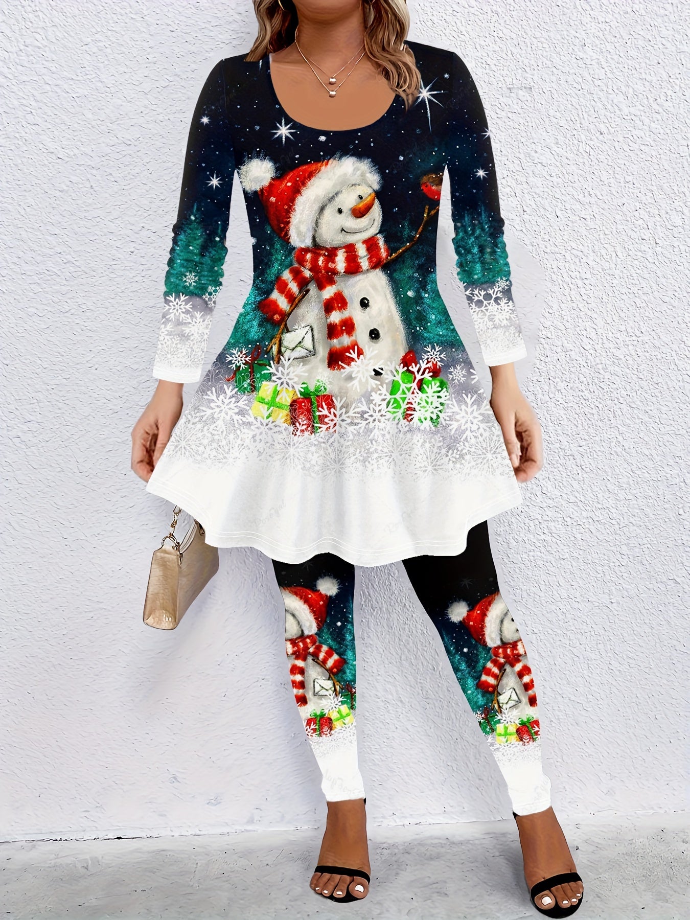 Christmas Outfits Set Snowman & Snowflake Print Top & Leggings 2 Piece