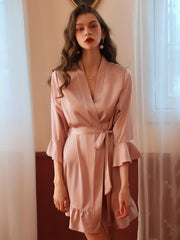 Women's Satin Ruffle Night Robe Long Sleeve V Neck Robe