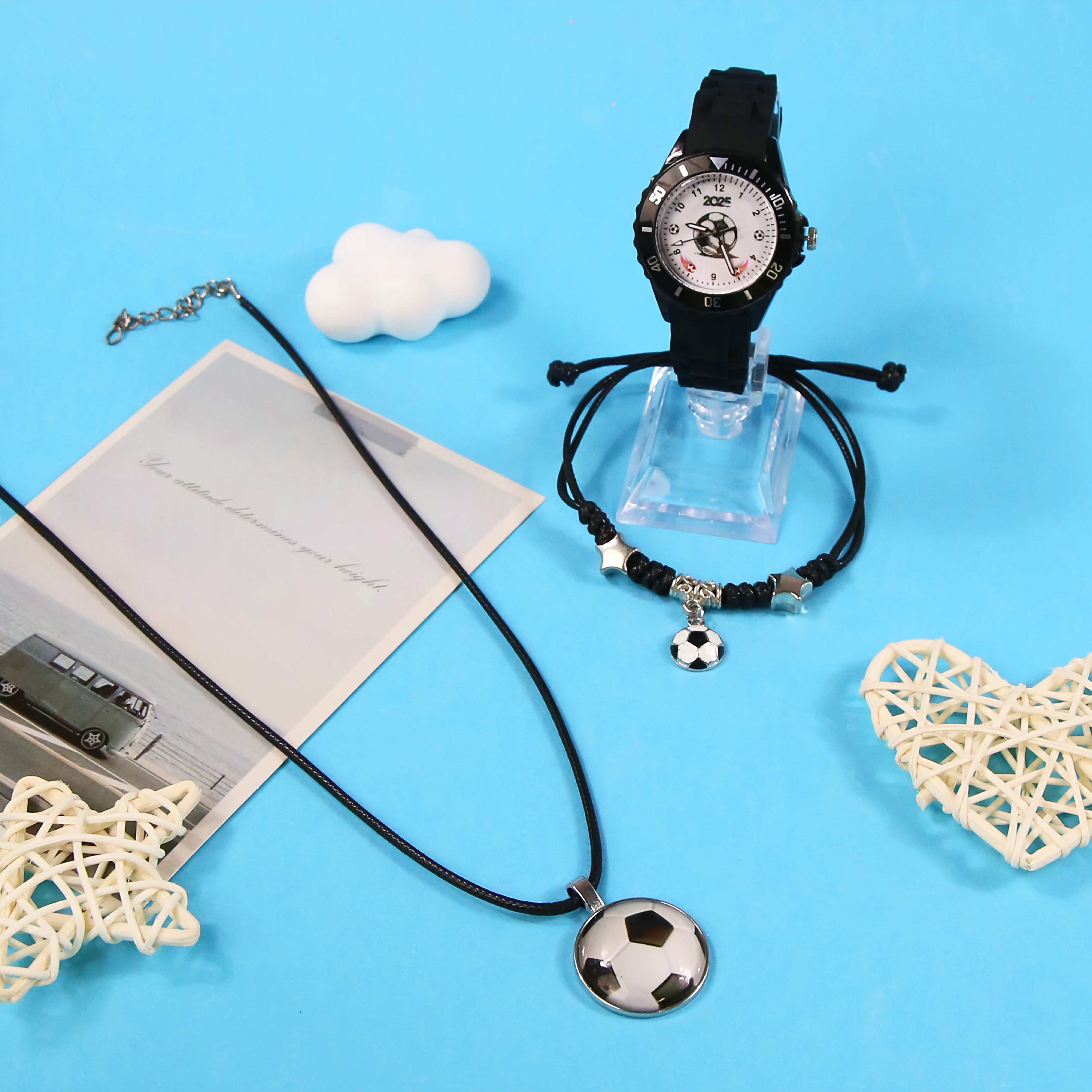 3pcs Boys' Quartz Watch Set Sports Silicone Strap Football Watch and Brace
