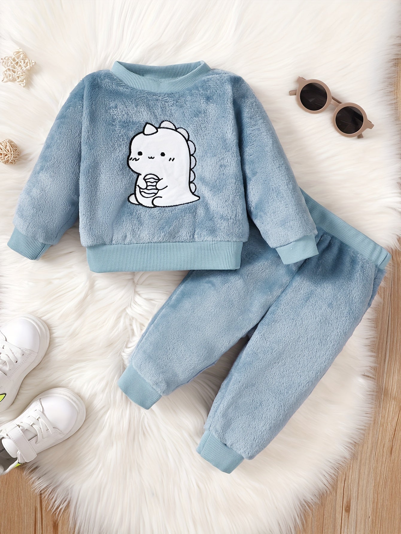 Boys Dinosaur Embroidery Long Sleeve Pullover Top Trousers Set
