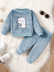 Boys Dinosaur Embroidery Long Sleeve Pullover Top Trousers Set