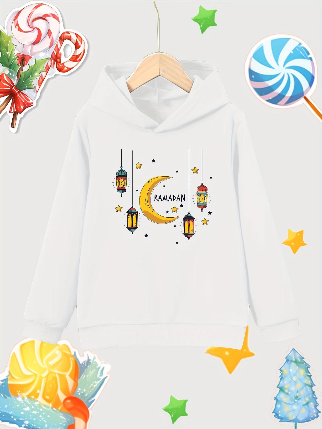 Stars Moon Lantern Print Girls Pullover Hooded Sweatshirt