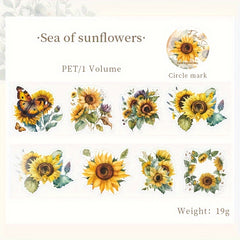 Waterproof Rose & Sunflower Patterned PET Tape for Crafts & Decor, Cuttable