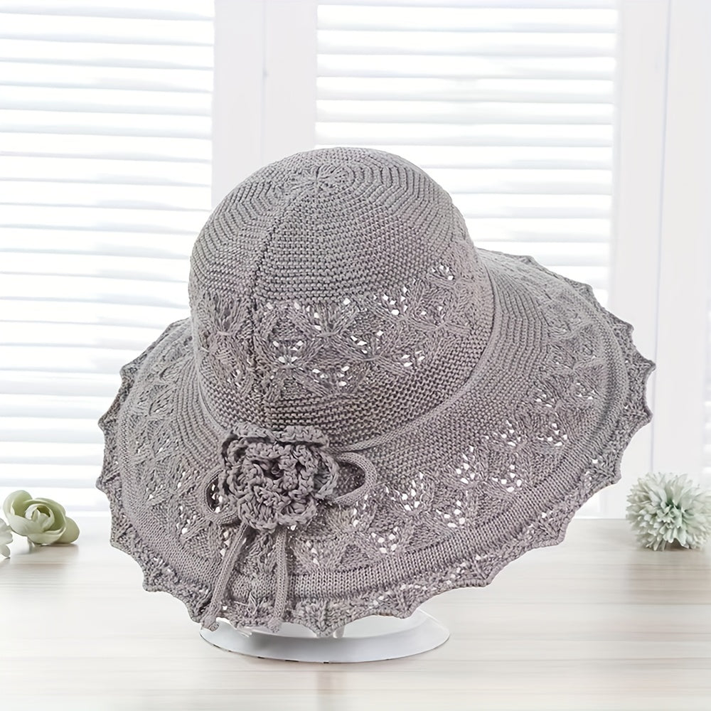 Gray Knitted Flower Sun Hat Hollow Breathable Foldable Bucket Hat UV Protection