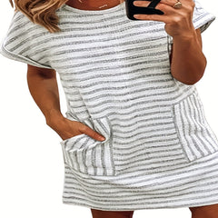 Stripe Print Roll Up Sleeve Round Neck Casual Dress