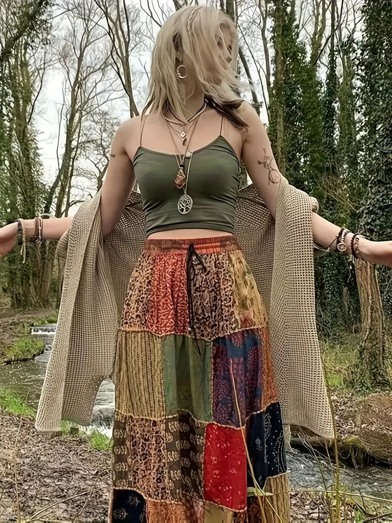 Plus Size Boho Skirt Patchwork Floral Print Drawstring Waist Maxi Skirt