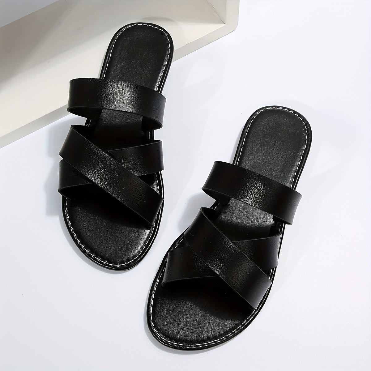 Women's Cross Strap Flat Slides Casual Open Toe Slip On Shoes Lightweight