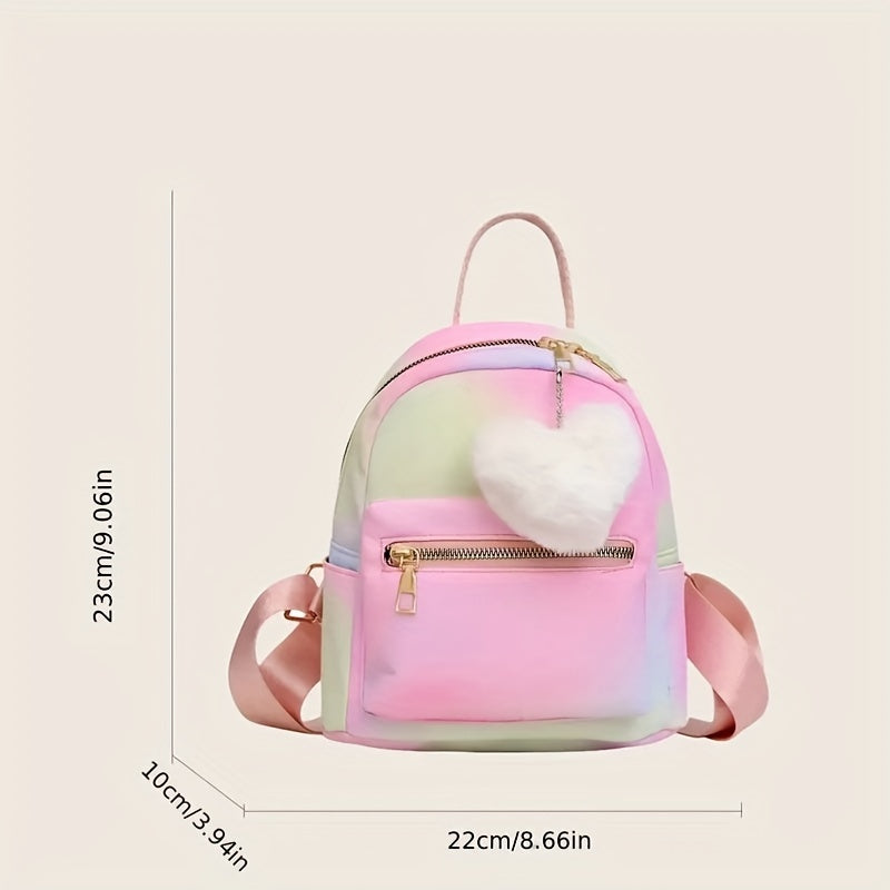 Kids Colorful Backpack w/Plush Love Charm Cute Nylon Gift