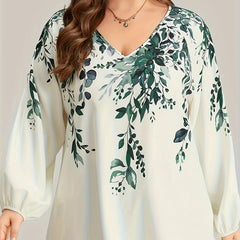 Floral Print Lantern Sleeve V Neck Blouse