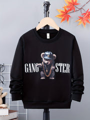 Bear Print Boys Casual Pullover Sweatshirt Long Sleeve Crew Neck Tops