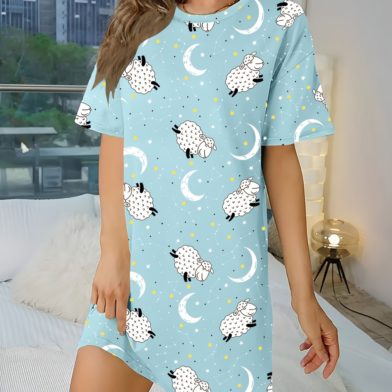 Sheep Print NightDress Short Sleeve Pajama Dress