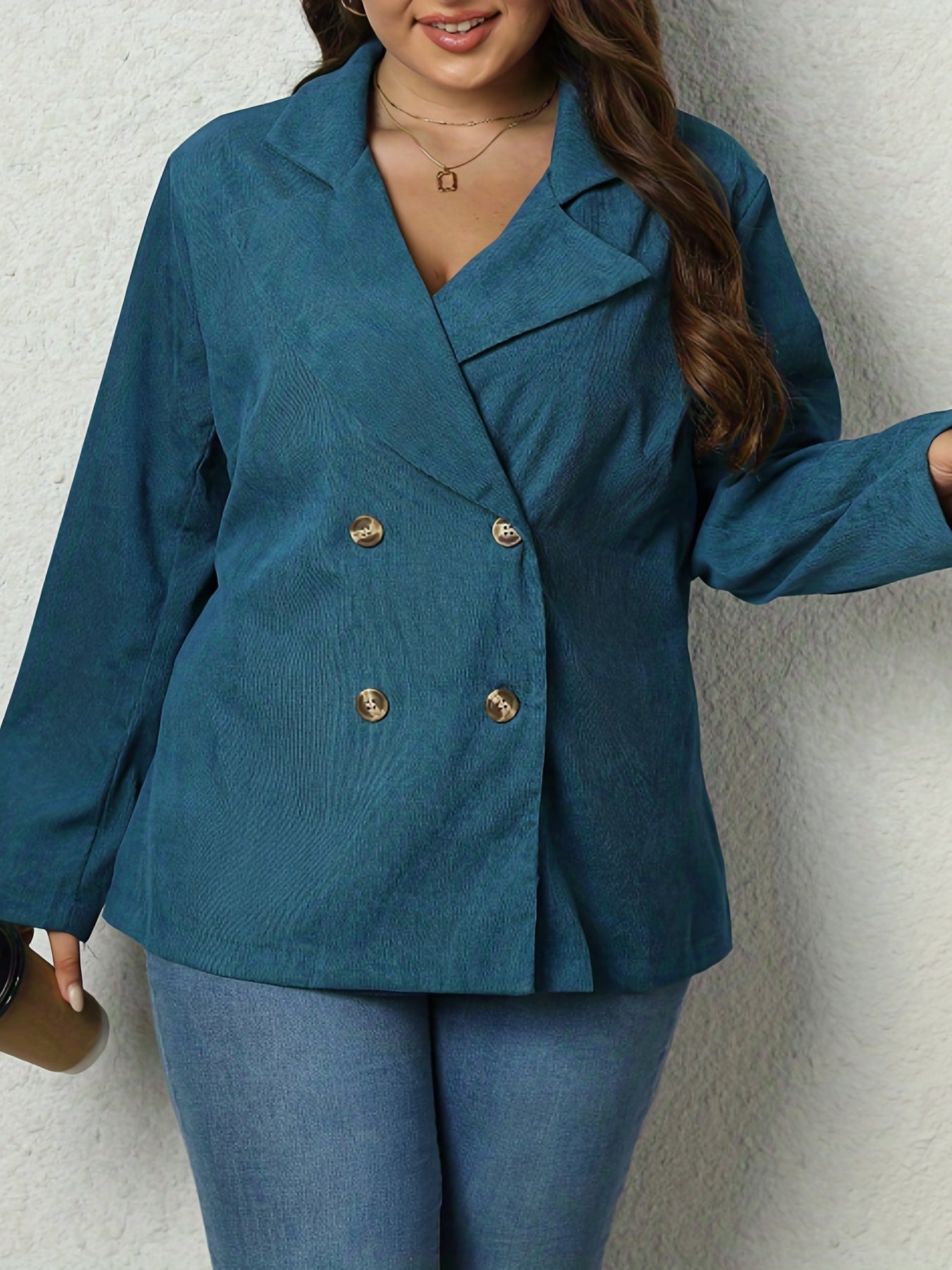 Corduroy Lapel Collar Long Sleeve Double Breast Blazer