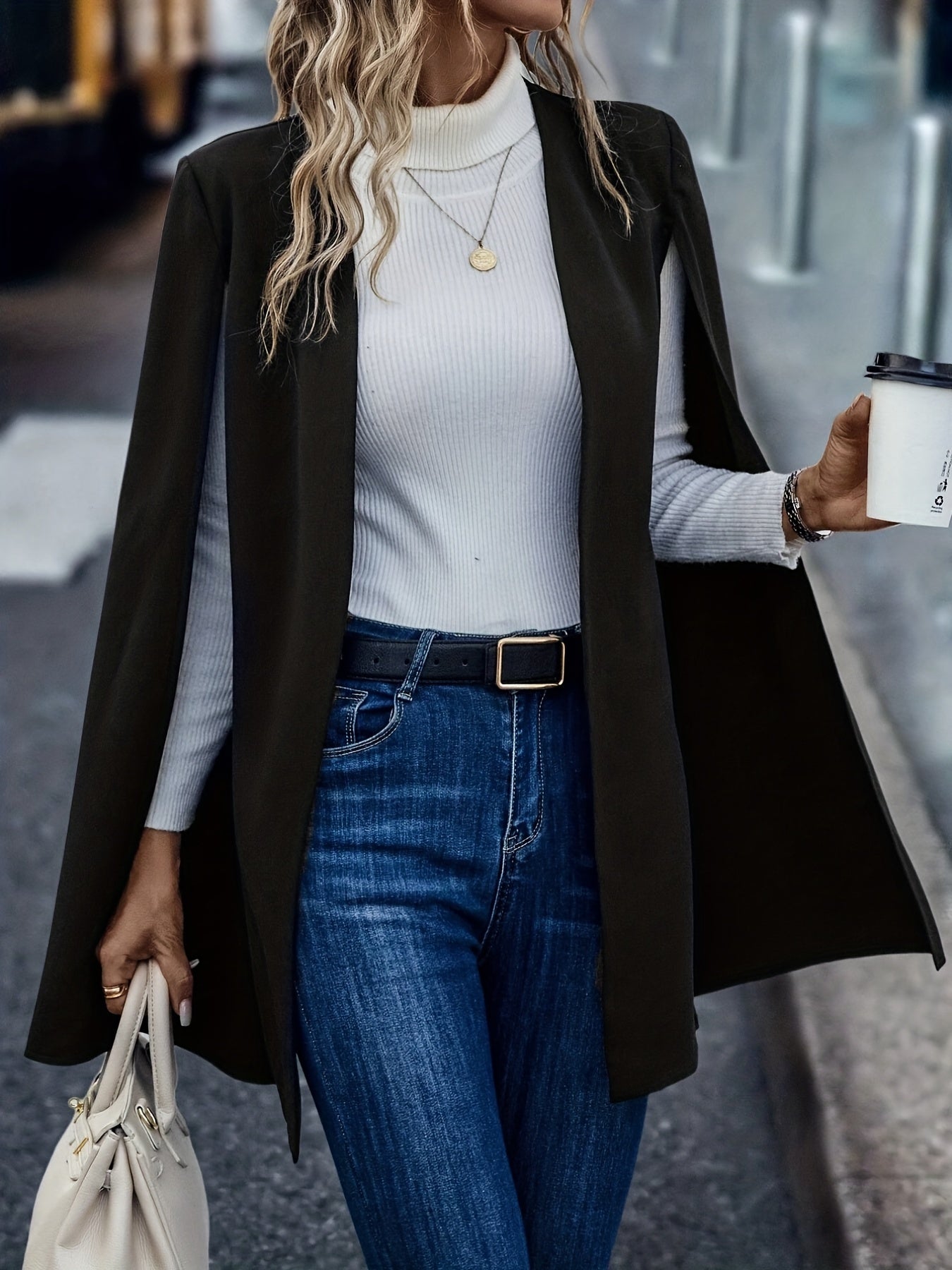 Solid Cape Blazer Open Front Split Sleeve Outerwear
