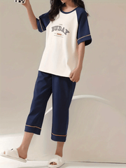 Letter Print Pajama Set Comfort Half Sleeve Top & Loose Cropped Pants