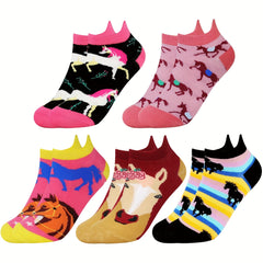 5 Pairs Girls Kids Cartoon Horse Ankle Socks - Cotton Blend
