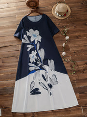 Colorblock Floral Print Short Sleeve Dress