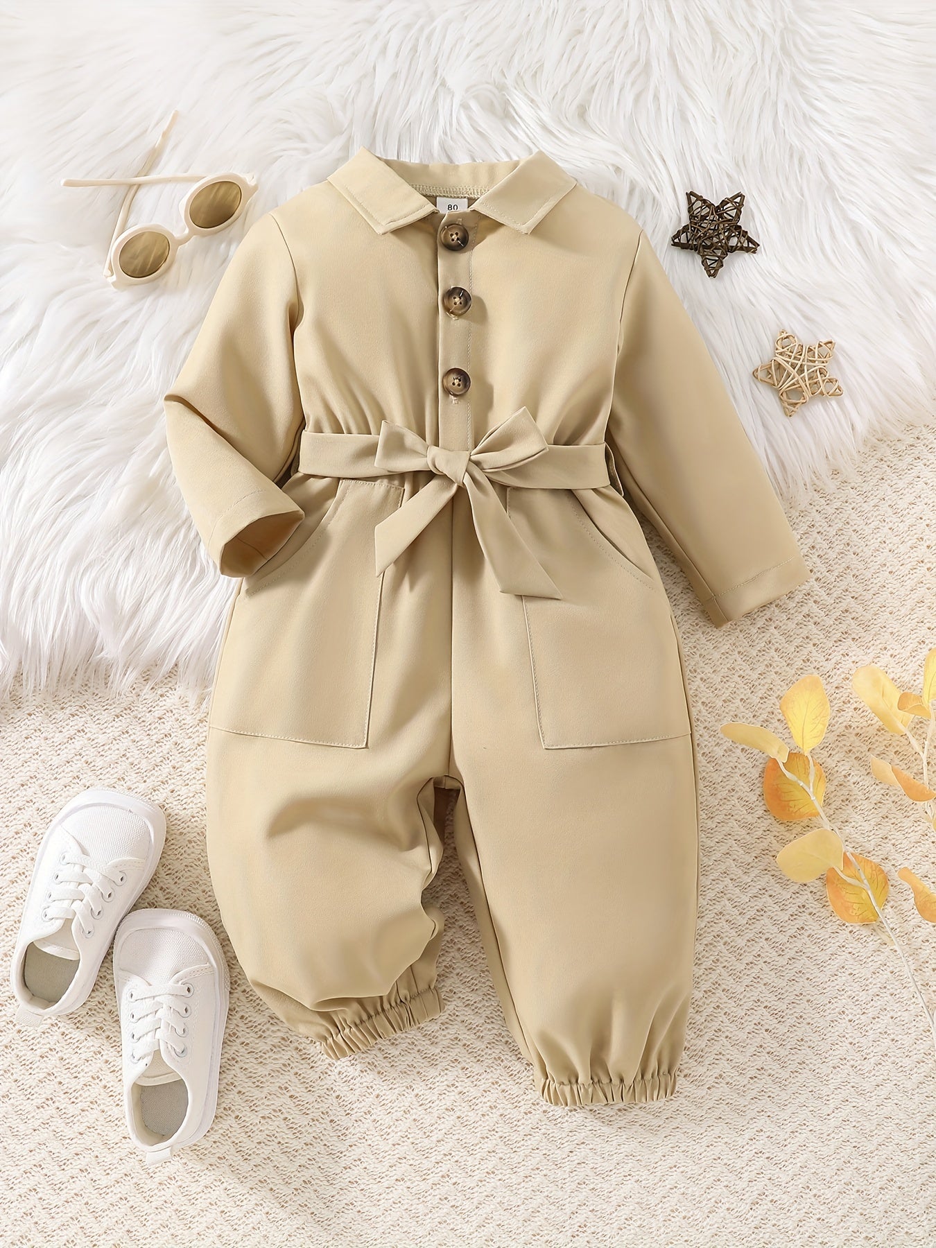 Baby Girls Casual Bodysuit Single Breasted Belted Long Sleeve