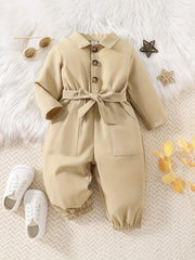 Baby Girls Casual Bodysuit Single Breasted Belted Long Sleeve