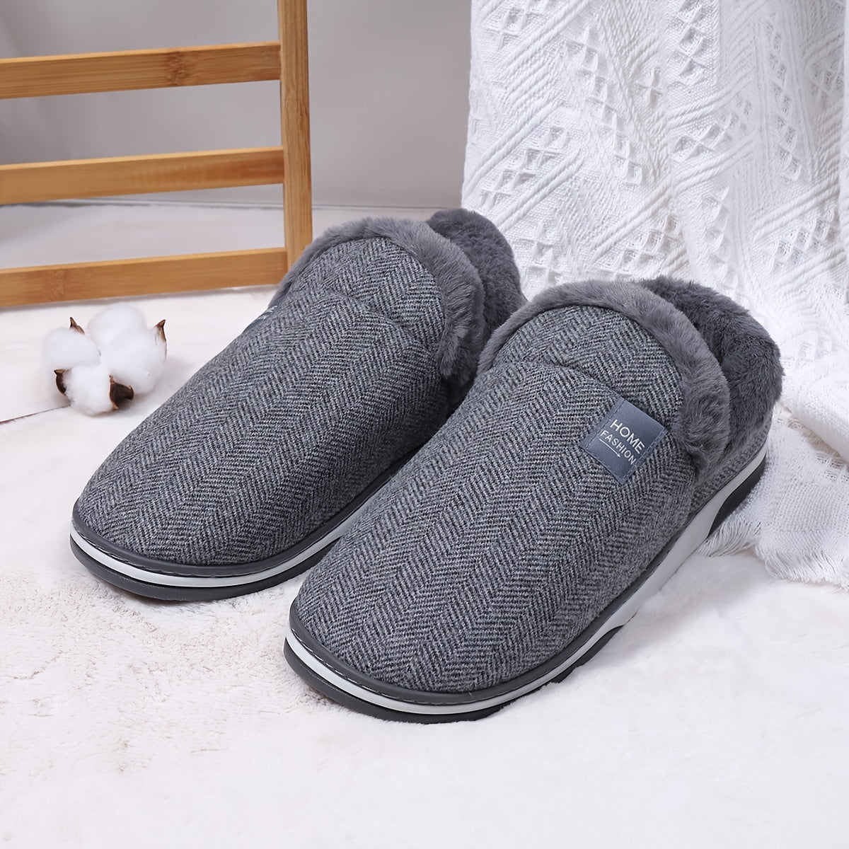 Men's Warm Fleece Round Toe Slippers Non-slip Home Shoes