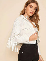 Fringe Trim Denim Jacket Flap Pockets Lapel Coat Women's Clothing