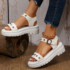 Women's Studded Open Toe Platform Sandals with Ankle Strap Buckle