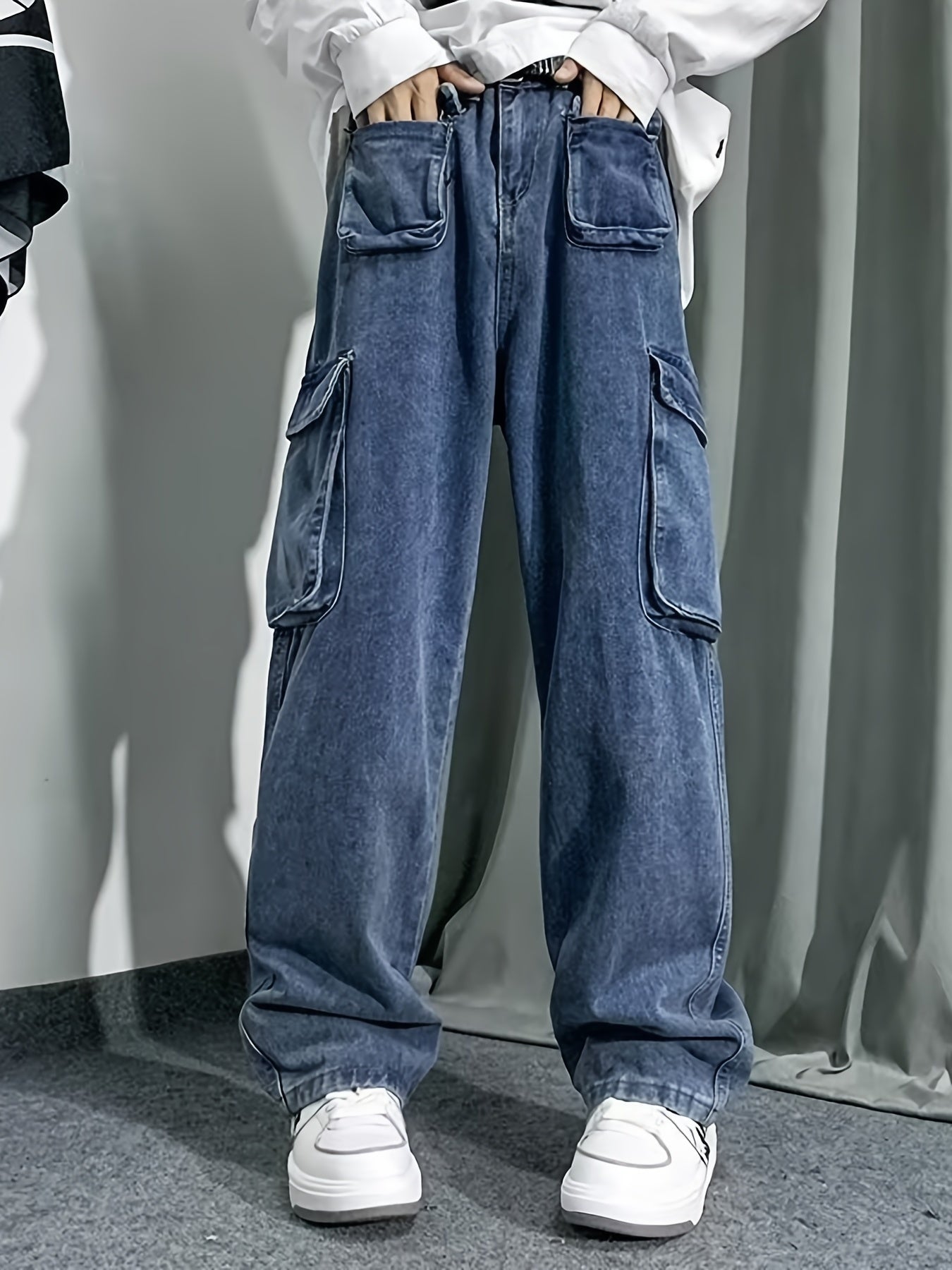 Men's Wide Leg Denim Cargo Pants Retro Style Spring Summer