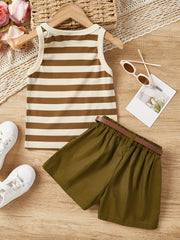 3pc Toddler Girls Striped Tank Top & Shorts Set Kids Summer Clothes