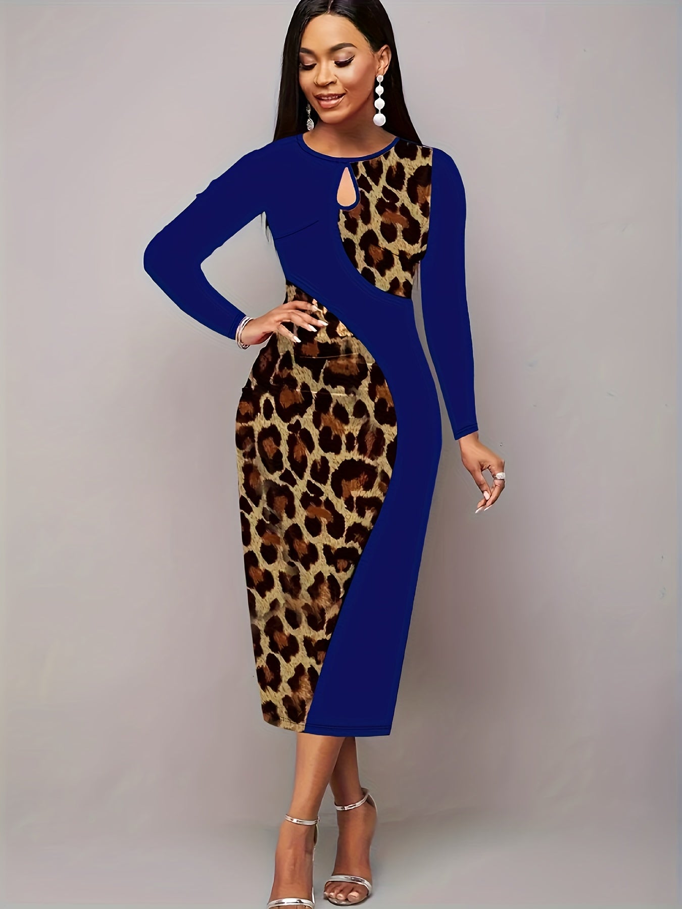 Colorblock Leopard Print Cut Out Long Sleeve Midi Dress