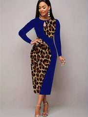 Colorblock Leopard Print Cut Out Long Sleeve Midi Dress