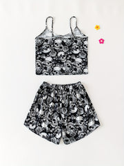 Skull Print Halloween Pajama Set Crew Neck Cami Top & Elastic Waistband Shorts