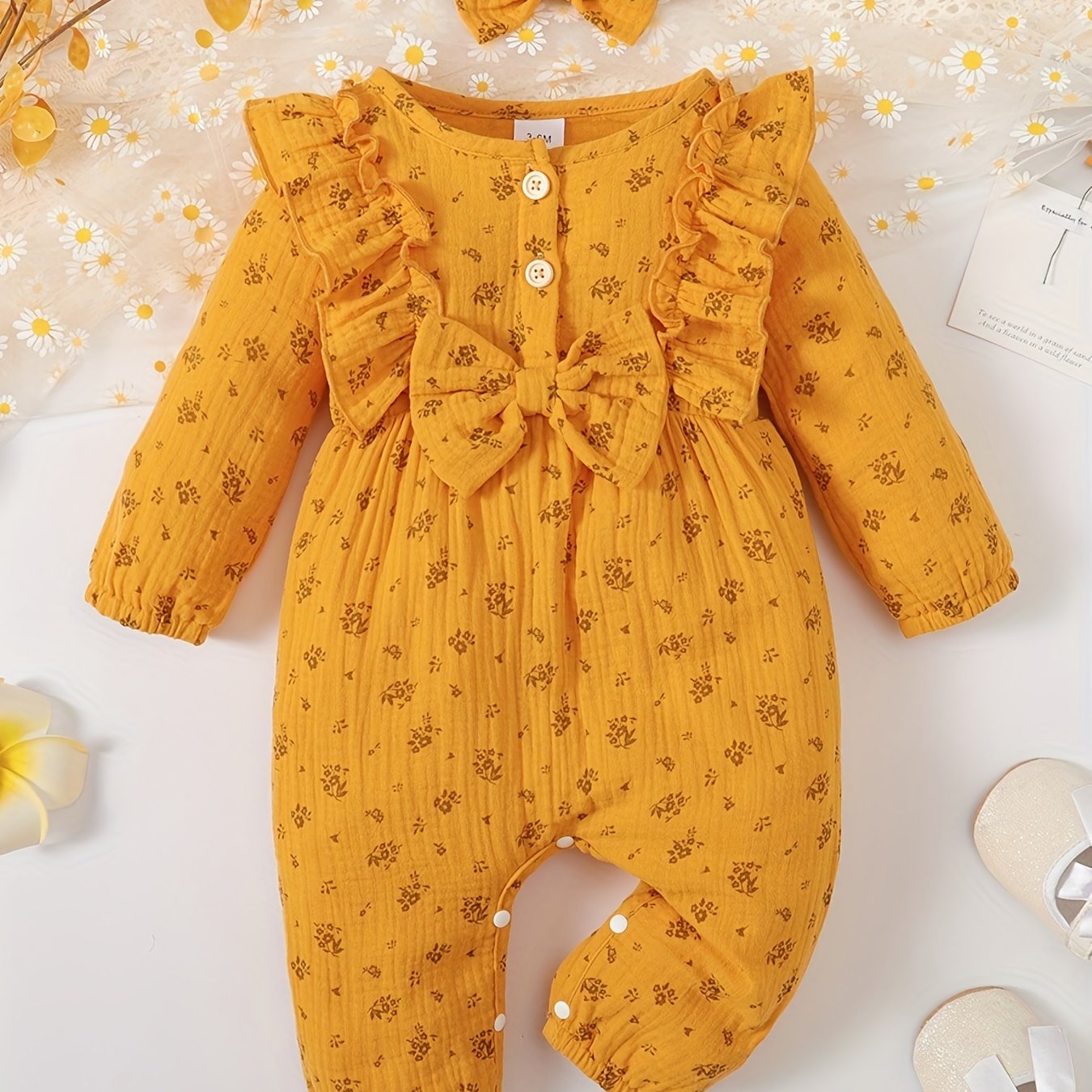 2pcs Baby Girl Long Ruffled Sleeve Bow Bodysuit With Bandana