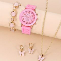 Student Quartz Watch & Pink Jade Bracelet & 3 Pink Butterfly Set