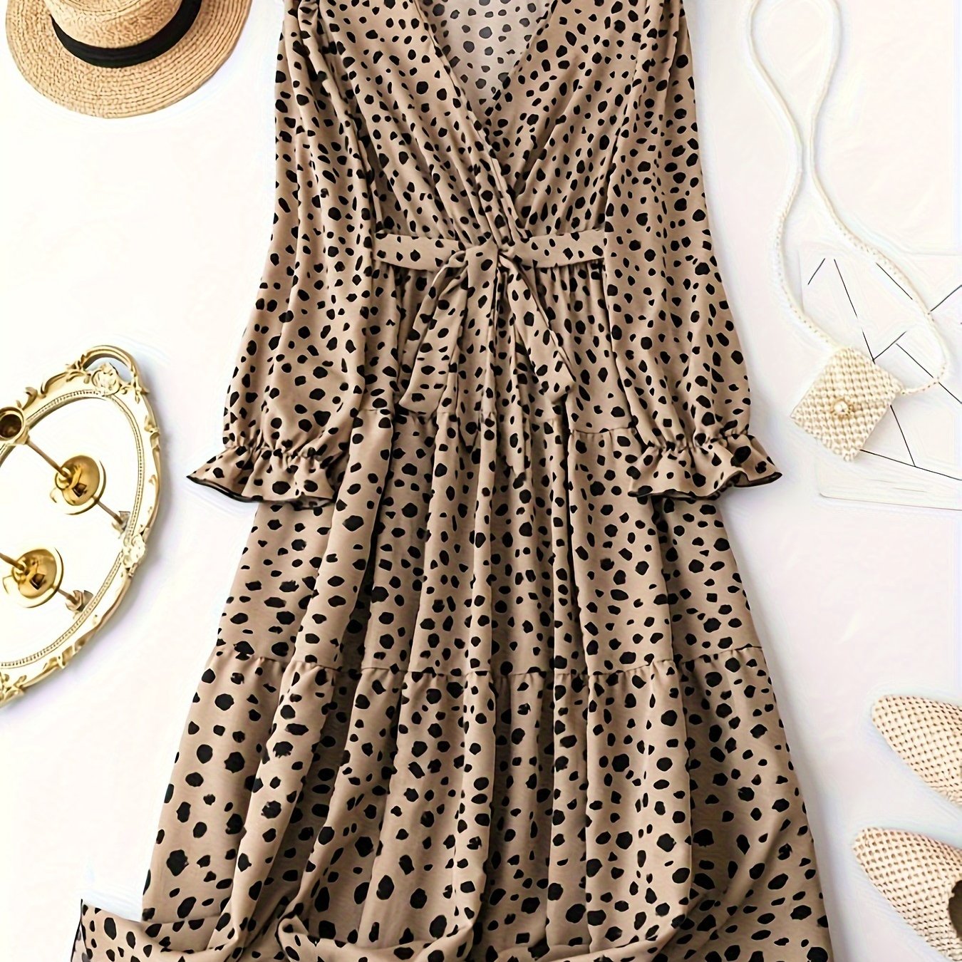 Leopard Print Lantern Sleeve Dress With Belt