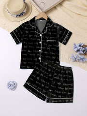 Girls Family Pajama Set V Neck Button Short Sleeve Top & Shorts