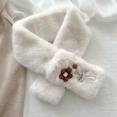 Flower Pendant Faux Rabbit Fur Plush Winter Scarf