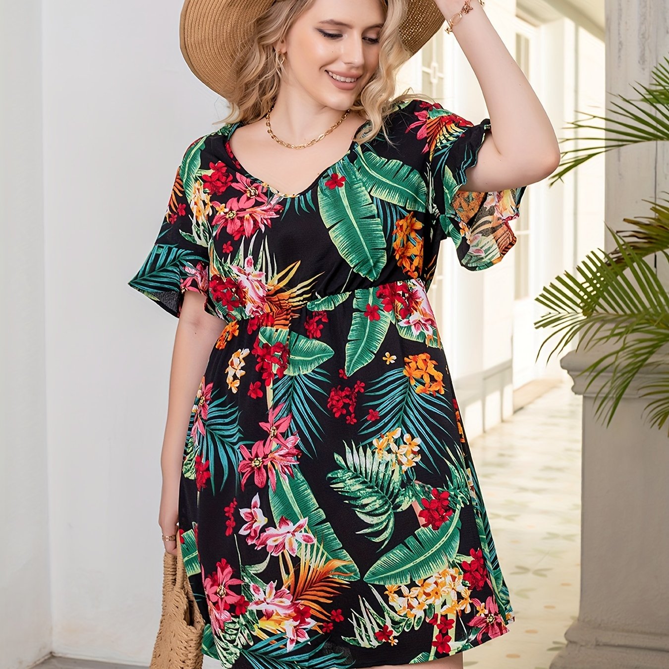 Women's Plus Tropical Print Ruffle Sleeve V Neck Dress