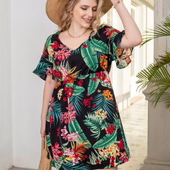 Women's Plus Tropical Print Ruffle Sleeve V Neck Dress