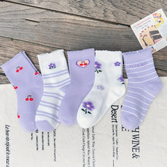 5 Pairs Girls Kids Cartoon Socks Breathable Comfy Children's Socks